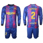 Men 2021-2022 Club Barcelona Second away blue Long Sleeve 2 Soccer Jersey