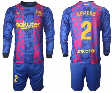 Men 2021-2022 Club Barcelona Second away blue Long Sleeve 2 Soccer Jersey