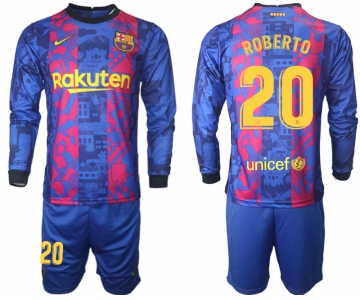 Men 2021-2022 Club Barcelona Second away blue Long Sleeve 20 Soccer Jersey