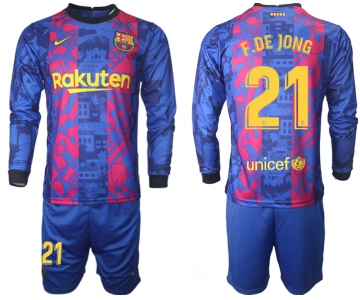 Men 2021-2022 Club Barcelona Second away blue Long Sleeve 21 Soccer Jersey