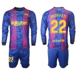 Men 2021-2022 Club Barcelona Second away blue Long Sleeve 22 Soccer Jersey