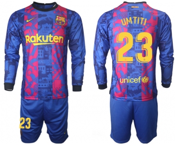 Men 2021-2022 Club Barcelona Second away blue Long Sleeve 23 Soccer Jersey