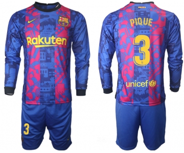 Men 2021-2022 Club Barcelona Second away blue Long Sleeve 3 Soccer Jersey