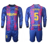 Men 2021-2022 Club Barcelona Second away blue Long Sleeve 5 Soccer Jersey