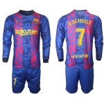 Men 2021-2022 Club Barcelona Second away blue Long Sleeve 7 Soccer Jersey