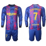 Men 2021-2022 Club Barcelona Second away blue Long Sleeve 7 Soccer Jersey