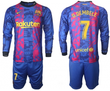 Men 2021-2022 Club Barcelona Second away blue Long Sleeve 7 Soccer Jersey