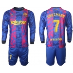 Men 2021-2022 Club Barcelona Second away blue Long Sleeve 7 Soccer Jerseys