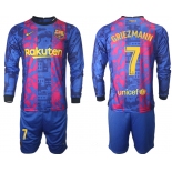 Men 2021-2022 Club Barcelona Second away blue Long Sleeve 7 Soccer Jerseys