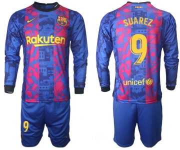 Men 2021-2022 Club Barcelona Second away blue Long Sleeve 9 Soccer Jersey