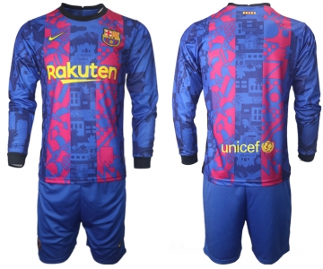 Men 2021-2022 Club Barcelona Second away blue Long Sleeve blank Soccer Jersey