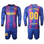 Men 2021-2022 Club Barcelona Second away blue Long Sleeve customized Soccer Jersey