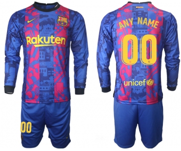 Men 2021-2022 Club Barcelona Second away blue Long Sleeve customized Soccer Jersey