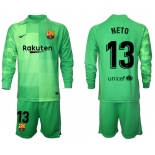 Men 2021-2022 Club Barcelona green goalkeeper Long Sleeve 13 Soccer Jersey