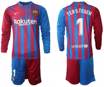 Men 2021-2022 Club Barcelona home red blue Long Sleeve 1 Nike Soccer Jersey