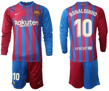 Men 2021-2022 Club Barcelona home red blue Long Sleeve 10 Nike Soccer Jersey