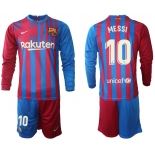 Men 2021-2022 Club Barcelona home red blue Long Sleeve 10 Nike Soccer Jerseys
