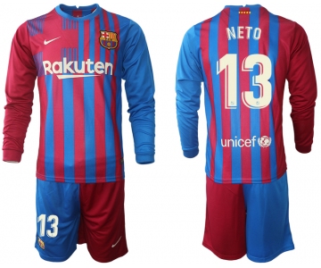 Men 2021-2022 Club Barcelona home red blue Long Sleeve 13 Nike Soccer Jersey