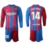 Men 2021-2022 Club Barcelona home red blue Long Sleeve 14 Nike Soccer Jerseys