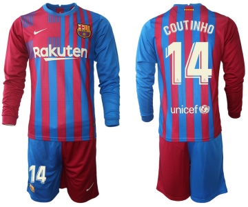 Men 2021-2022 Club Barcelona home red blue Long Sleeve 14 Nike Soccer Jerseys