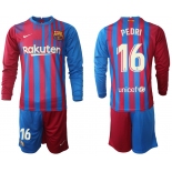 Men 2021-2022 Club Barcelona home red blue Long Sleeve 16 Nike Soccer Jerseys