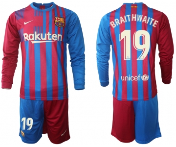 Men 2021-2022 Club Barcelona home red blue Long Sleeve 19 Nike Soccer Jersey