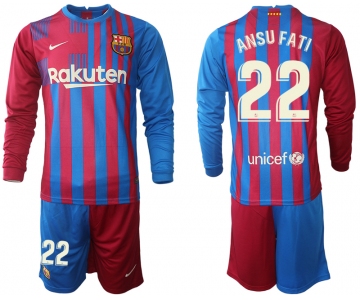 Men 2021-2022 Club Barcelona home red blue Long Sleeve 22 Nike Soccer Jersey