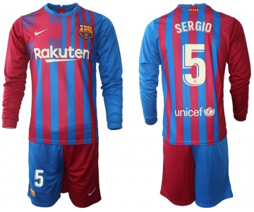 Men 2021-2022 Club Barcelona home red blue Long Sleeve 5 Nike Soccer Jersey