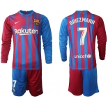 Men 2021-2022 Club Barcelona home red blue Long Sleeve 7 Nike Soccer Jersey