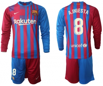 Men 2021-2022 Club Barcelona home red blue Long Sleeve 8 Nike Soccer Jerseys