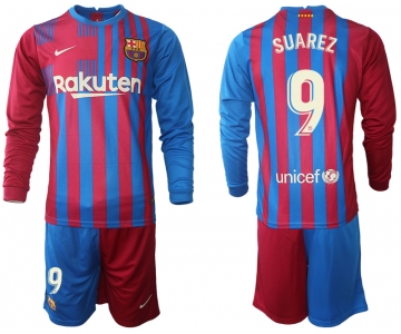 Men 2021-2022 Club Barcelona home red blue Long Sleeve 9 Nike Soccer Jersey