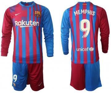 Men 2021-2022 Club Barcelona home red blue Long Sleeve 9 Nike Soccer Jerseys