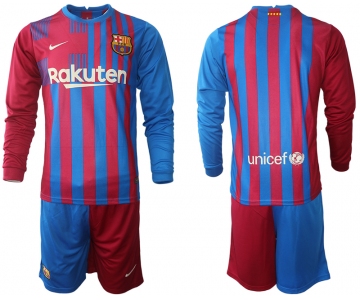 Men 2021-2022 Club Barcelona home red blue Long Sleeve blank Nike Soccer Jersey