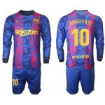 Men's 2021-2022 Club Barcelona Second away blue Long Sleeve 10 Soccer Jersey