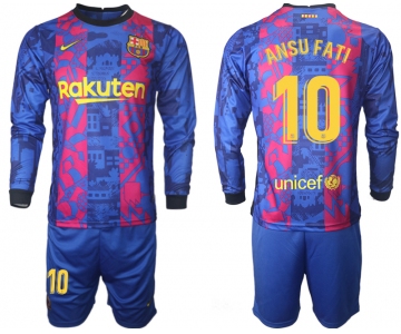 Men's 2021-2022 Club Barcelona Second away blue Long Sleeve 10 Soccer Jersey