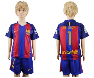2016-17 Barcelona #1 TER STEGEN Home Soccer Youth Red and Blue Shirt Kit