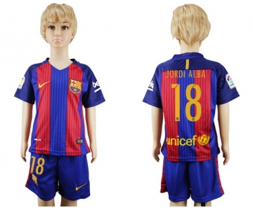 2016-17 Barcelona #18 JORDI ALBA Home Soccer Youth Red and Blue Shirt Kit