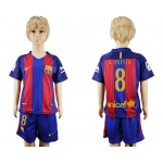 2016-17 Barcelona #8 A.INIESTA Home Soccer Youth Red and Blue Shirt Kit