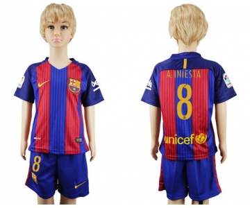 2016-17 Barcelona #8 A.INIESTA Home Soccer Youth Red and Blue Shirt Kit