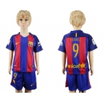 2016-17 Barcelona #9 SUAREZ Home Soccer Youth Red and Blue Shirt Kit