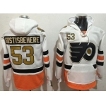 Men's Philadelphia Flyers #53 Shayne Gostisbehere White with Gold 50th Patch Stitched NHL Old Tim Hockey Hoodie