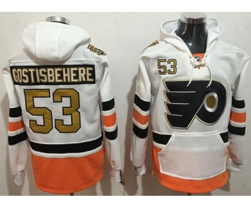 Men's Philadelphia Flyers #53 Shayne Gostisbehere White with Gold 50th Patch Stitched NHL Old Tim Hockey Hoodie