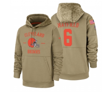 Cleveland Browns #6 Baker Mayfield Nike Tan 2019 Salute To Service Name & Number Sideline Therma Pullover Hoodie