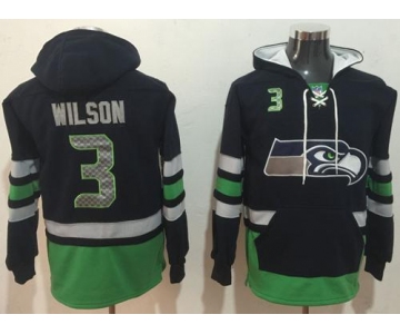 Nike Seattle Seahawks #3 Russell Wilson Navy Blue Green Name & Number Pullover NFL Hoodie
