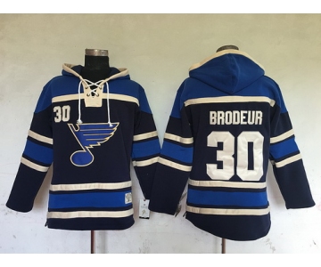 Men's St. Louis Blues #30 Martin Brodeur Navy Blue Old Time Hockey Hoodie