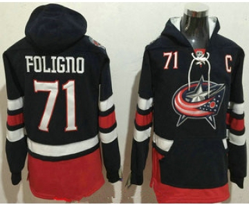 Men's Columbus Blue Jackets #71 Nick Foligno NEW Navy Blue Home Stitched NHL Old Tim Hockey Hoodie