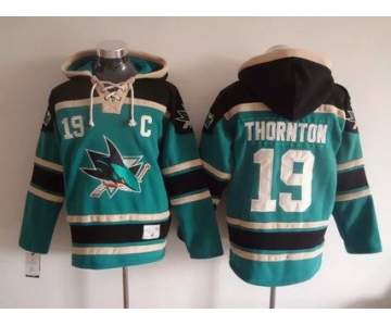 San Jose Sharks #19 Joe Thornton Old Time Hockey Teal Green Hoodie