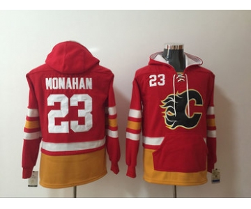 Men's Calgary Flames #23 Sean Monahan NEW Red Pocket Stitched NHL Old Time Hockey Hoodie