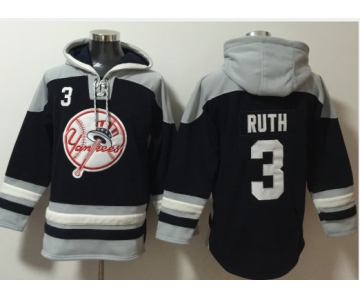 Men's New York Yankees #3 Babe Ruth Navy Blue Ageless Must Have Lace Up Pullover Hoodie