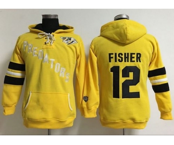 Nashville Predators #12 Mike Fisher Yellow Women's Old Time Heidi Hoodie NHL Hoodie